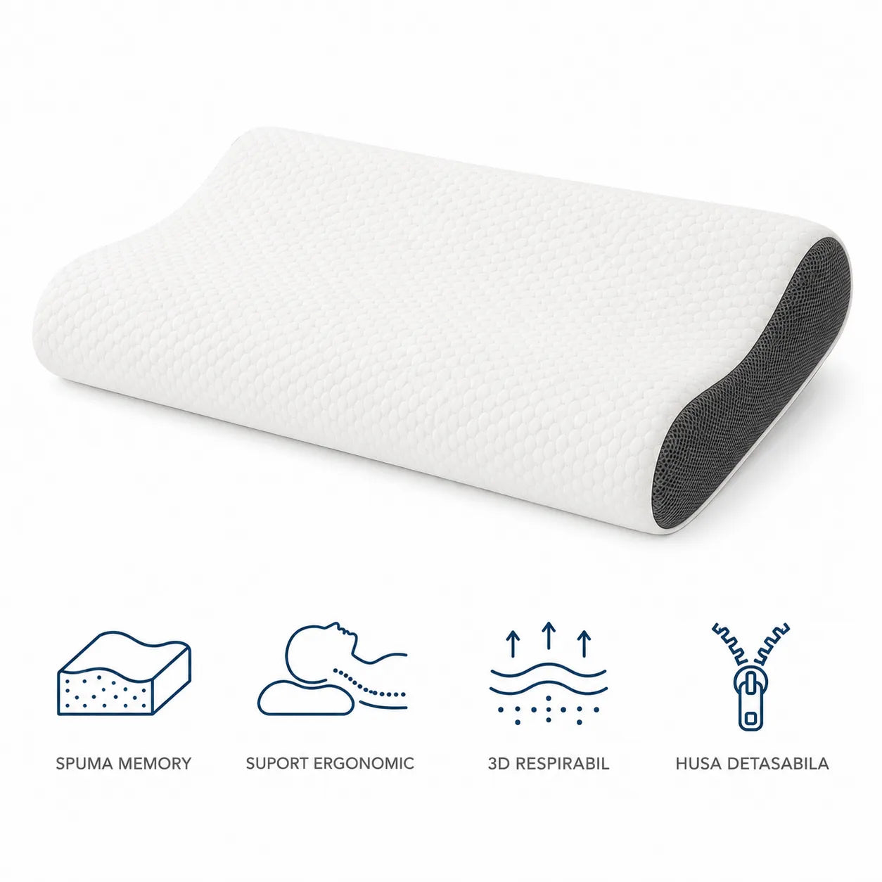 Perna ergonomica cu memorie cu pictograme: spuma memory, suport ergonomic, material 3D respirabil, husa detasabila