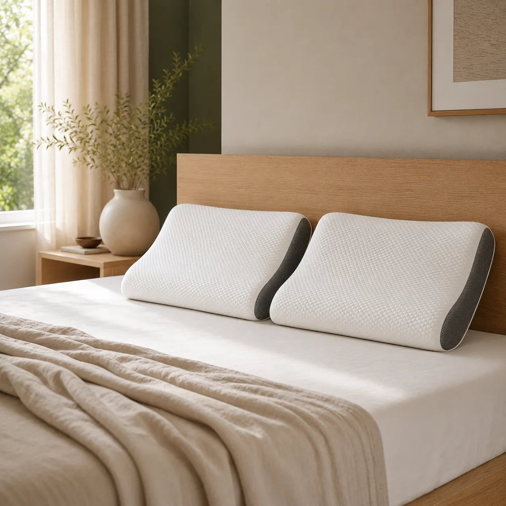 Set doua perne ergonomice cu memorie asezate pe un pat cu lenjerie alba, dormitor modern minimalist