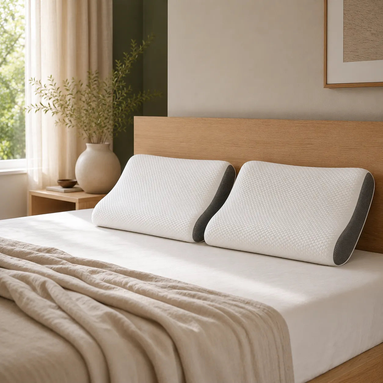 Set doua perne ergonomice cu memorie asezate pe un pat cu lenjerie alba, dormitor modern minimalist