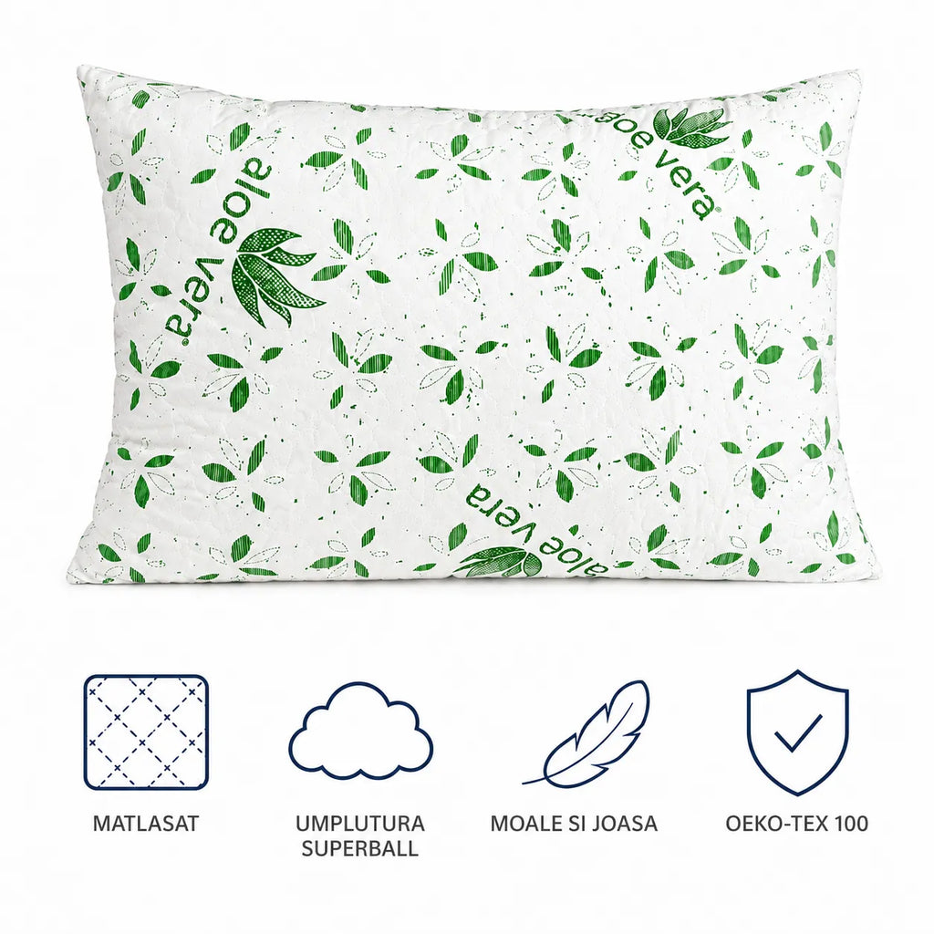 Perna Aloe Vera cu pictograme: matlasat, umplutura Superball, moale si joasa, OEKO-TEX 100
