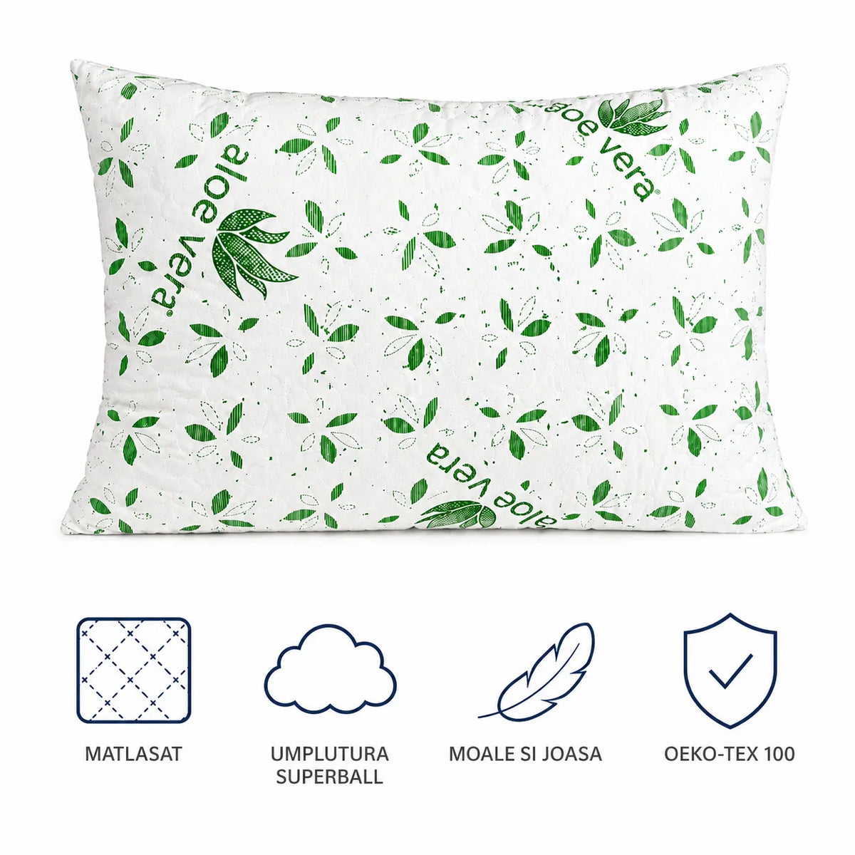 Perna Aloe Vera cu pictograme: matlasat, umplutura Superball, moale si joasa, OEKO-TEX 100