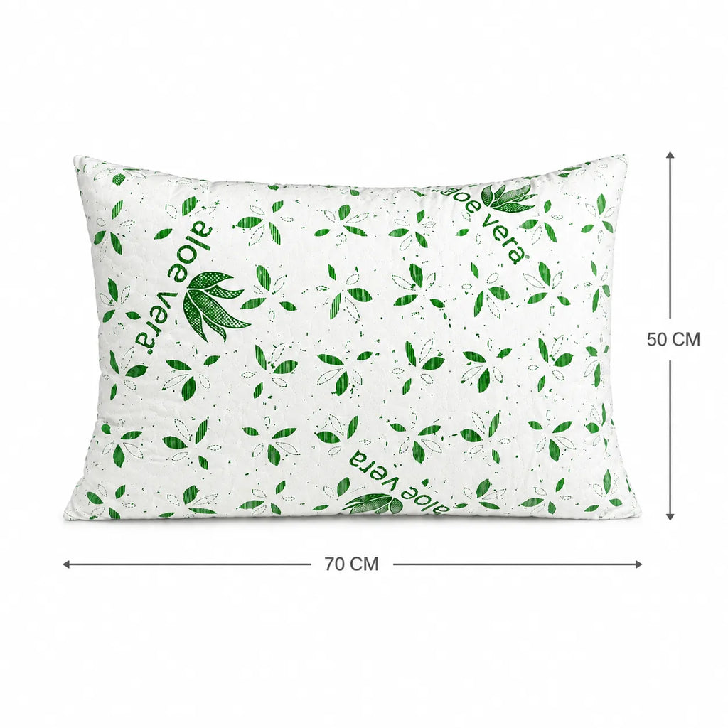 Perna Aloe Vera cu imprimeu verde vazuta frontal, dimensiuni marcate 70 cm si 50 cm
