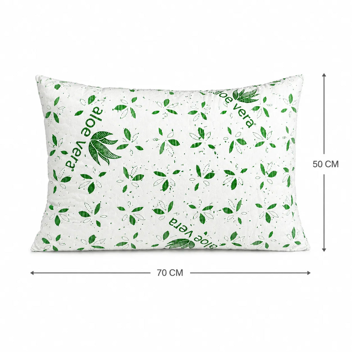 Perna Aloe Vera cu imprimeu verde vazuta frontal, dimensiuni marcate 70 cm si 50 cm
