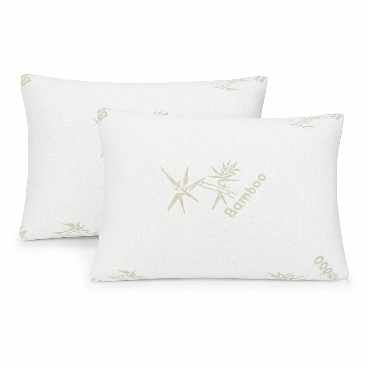 Set doua perne memory foam cu husa bambus alba si model frunze verzi, forma clasica dreptunghiulara