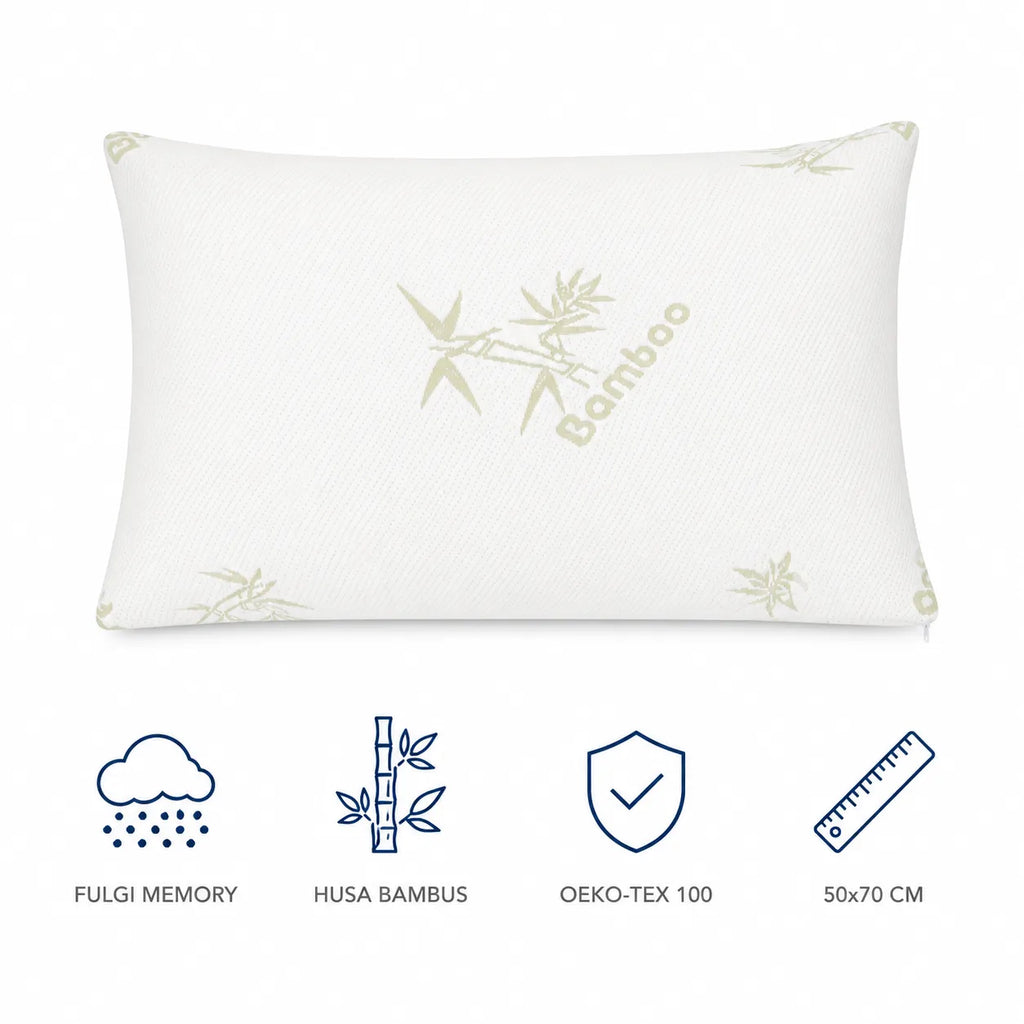 Perna memory foam cu husa bambus cu pictograme: fulgi memory, husa bambus, OEKO-TEX 100, 50x70 cm