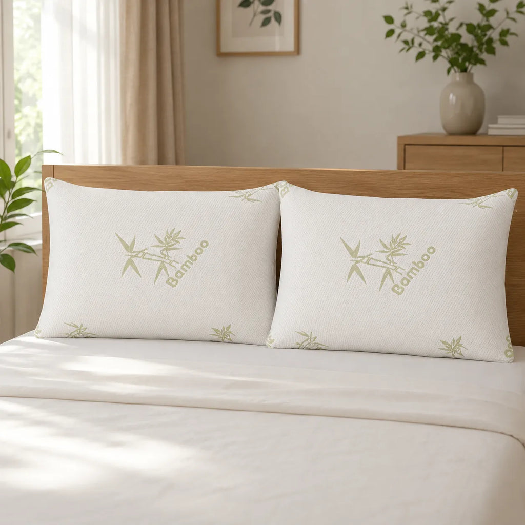 Set doua perne memory foam cu husa bambus pe un pat cu lenjerie alba, dormitor modern minimalist
