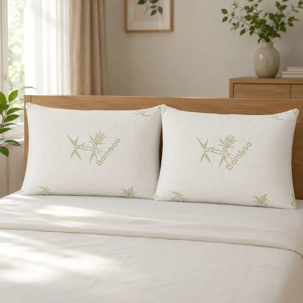Set doua perne memory foam cu husa bambus pe un pat cu lenjerie alba, dormitor modern minimalist