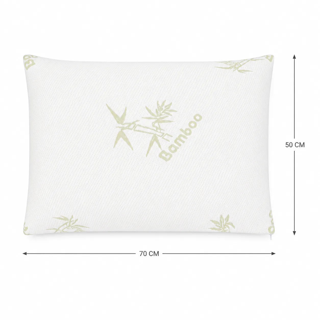 Perna memory foam cu husa bambus vazuta de sus, dimensiuni marcate 70 cm lungime si 50 cm latime