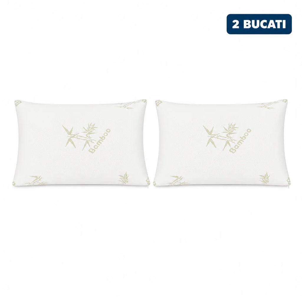 Set de doua perne memory foam cu husa bambus, ambele vazute frontal, ambalate impreuna