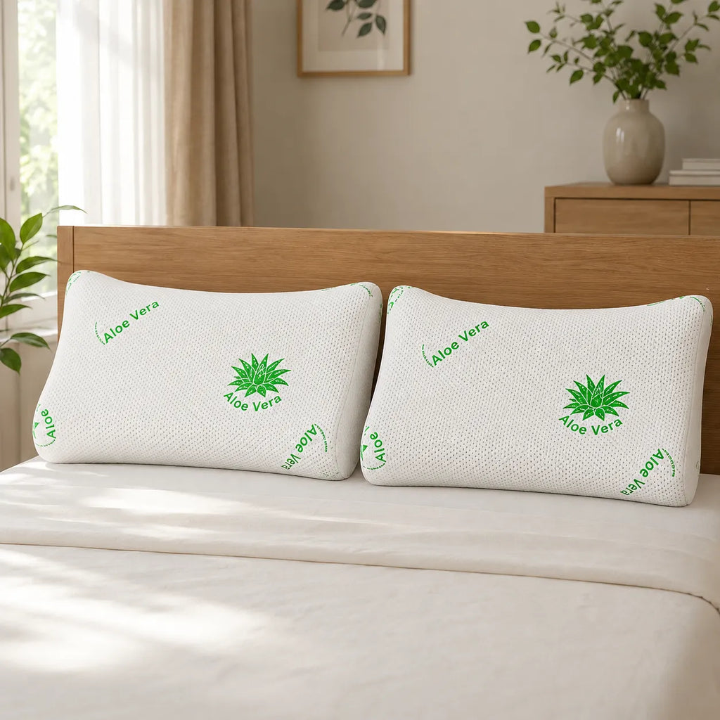 Set doua perne ergonomice memory foam Aloe Vera pe un pat cu lenjerie alba, dormitor modern cu accente verzi