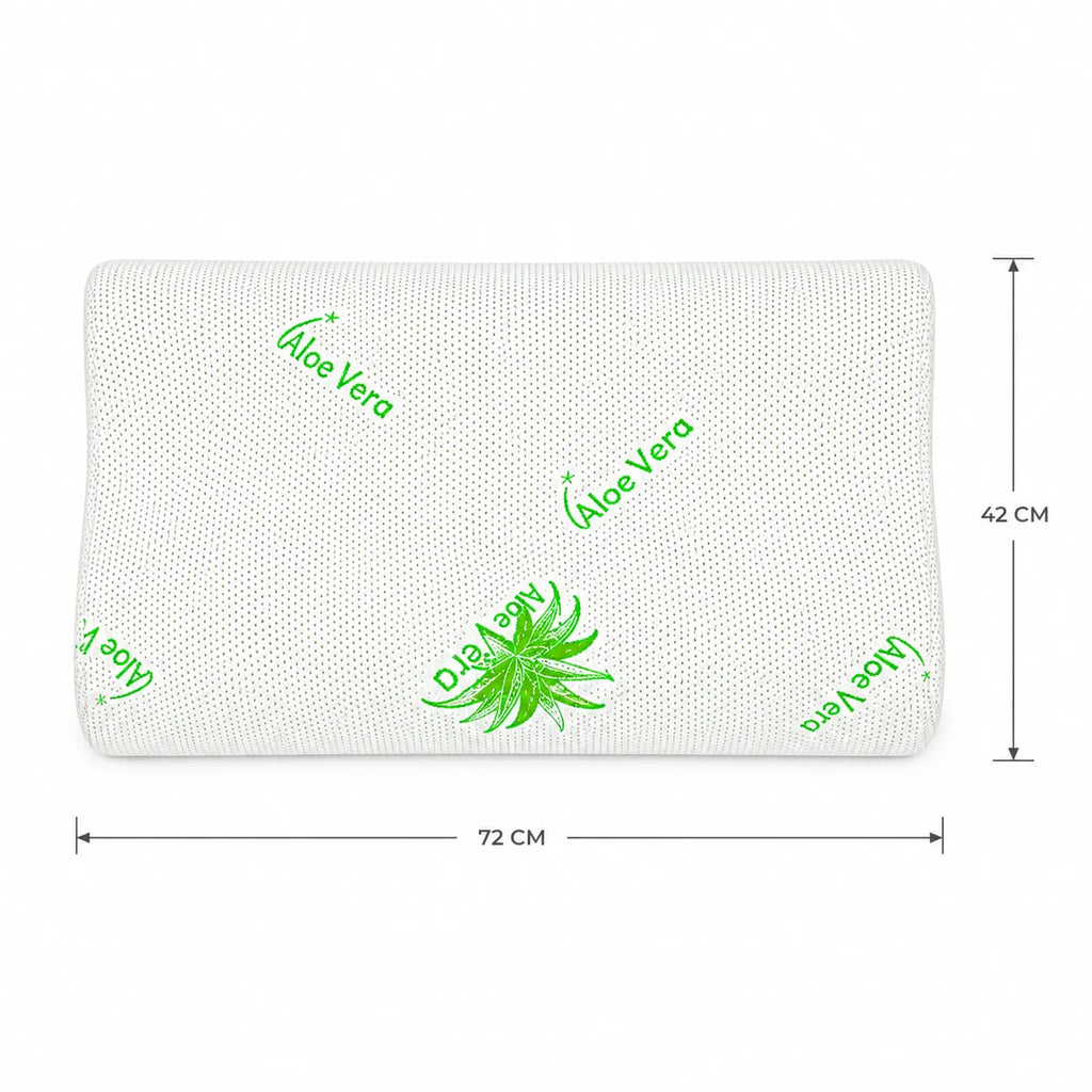 Perna ergonomica memory foam Aloe Vera vazuta de sus, dimensiuni marcate 72 cm lungime si 42 cm latime