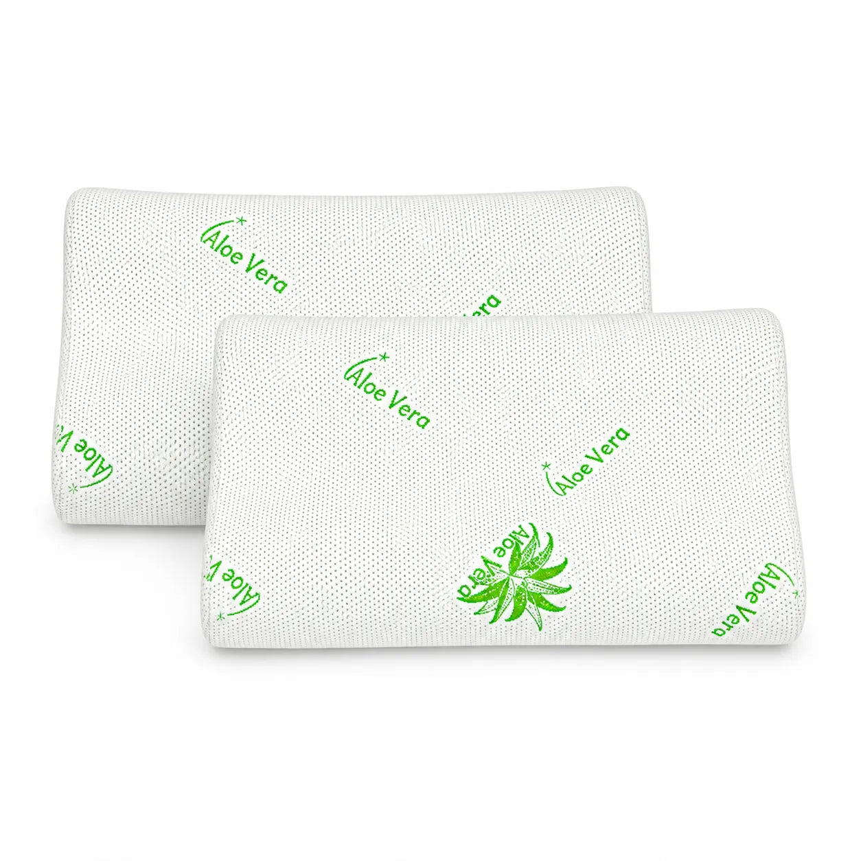 Set doua perne ergonomice memory foam cu husa alba si model verde Aloe Vera, forma contur