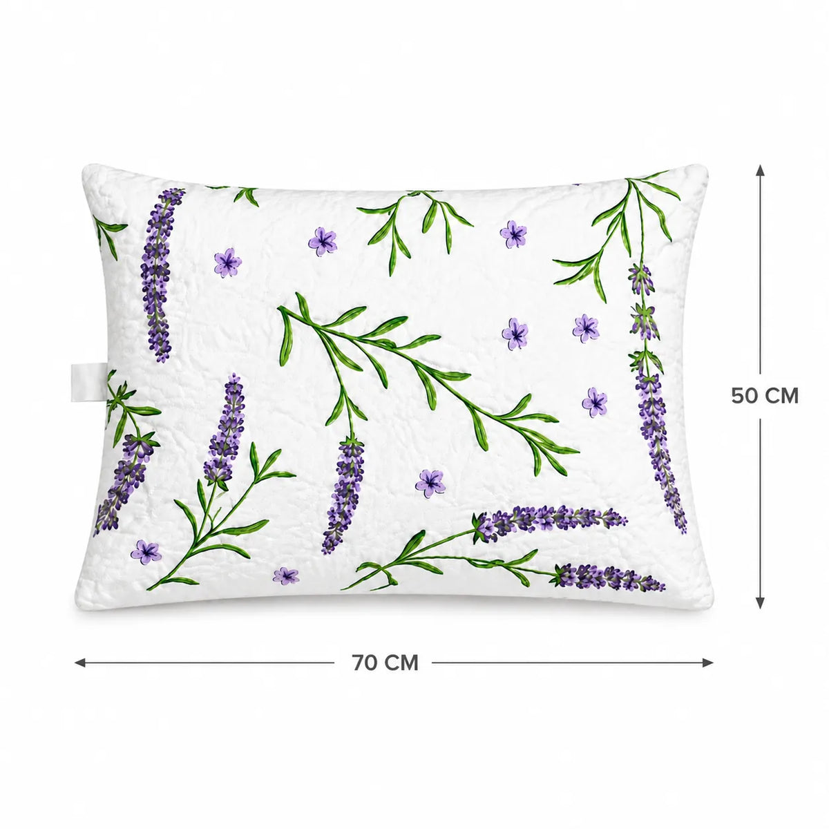 Perna Lavanda cu imprimeu floral vazuta frontal, dimensiuni marcate 70 cm si 50 cm