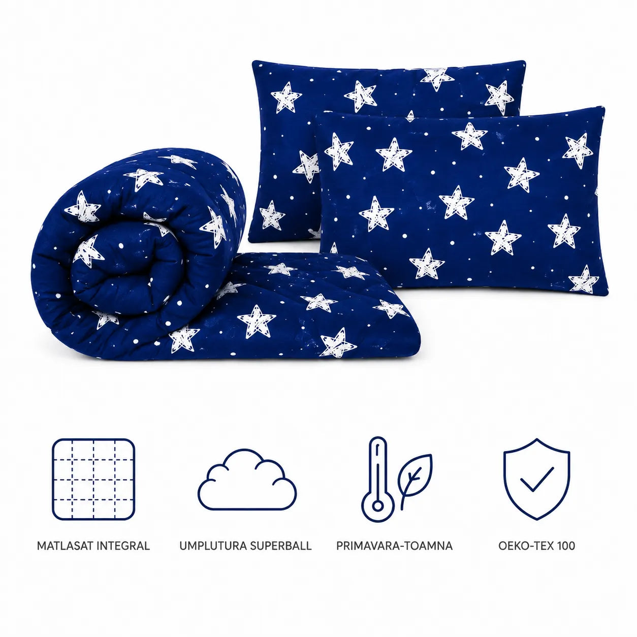 Set Galaxy cu pictograme: matlasat integral, umplutura Superball, primavara-toamna, OEKO-TEX 100