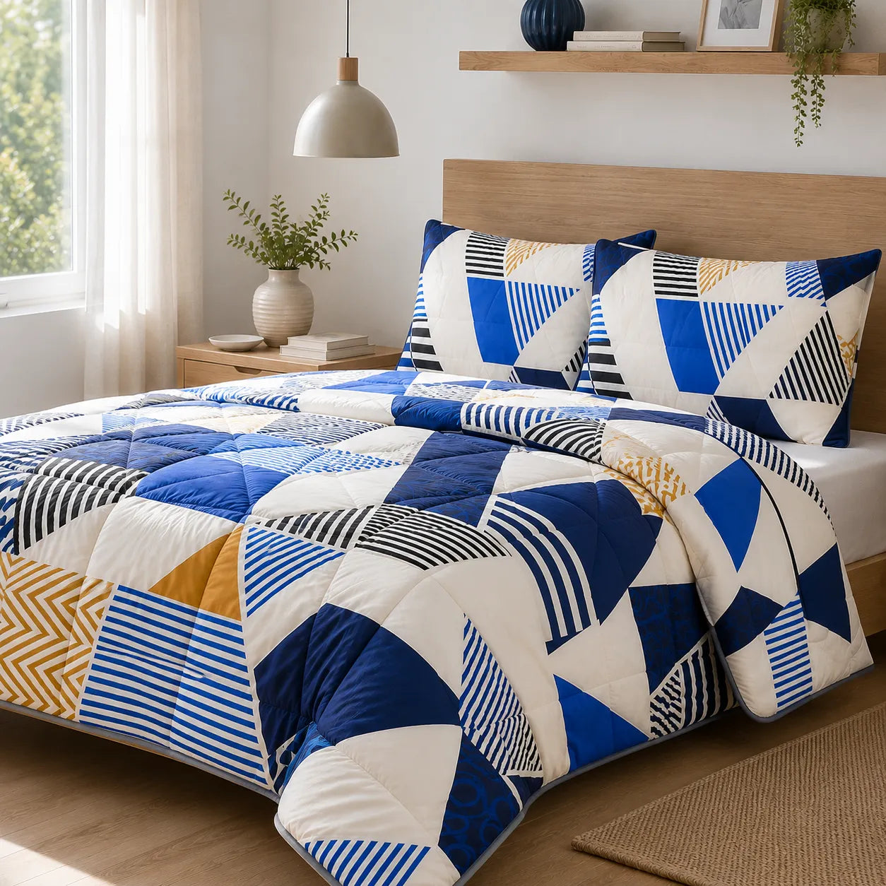 Set pilota si perne Safir pe un pat intr-un dormitor modern minimalist