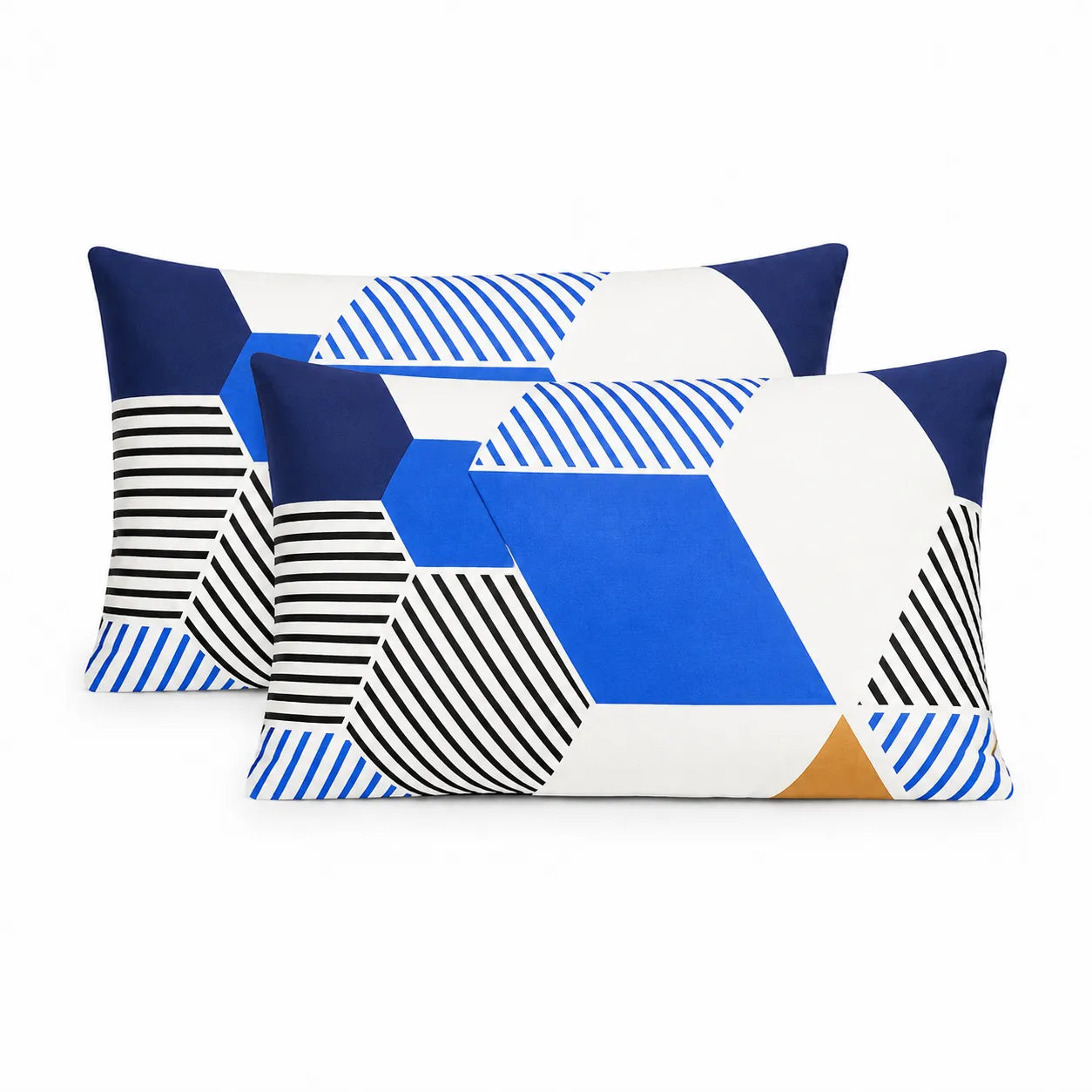 Doua perne 50x70 Safir cu imprimeu geometric albastru si ocru, vazute frontal