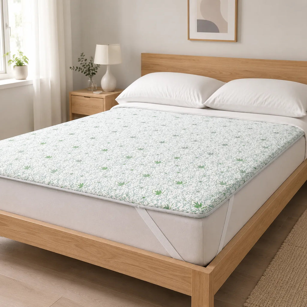 Topper Aloe Vera asezat pe salteaua unui pat in dormitor luminos