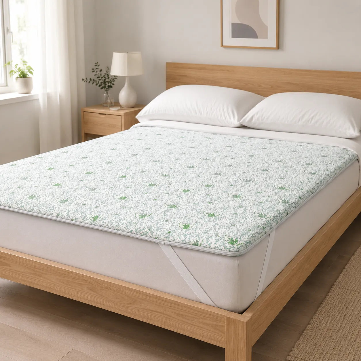 Topper Aloe Vera asezat pe salteaua unui pat in dormitor luminos