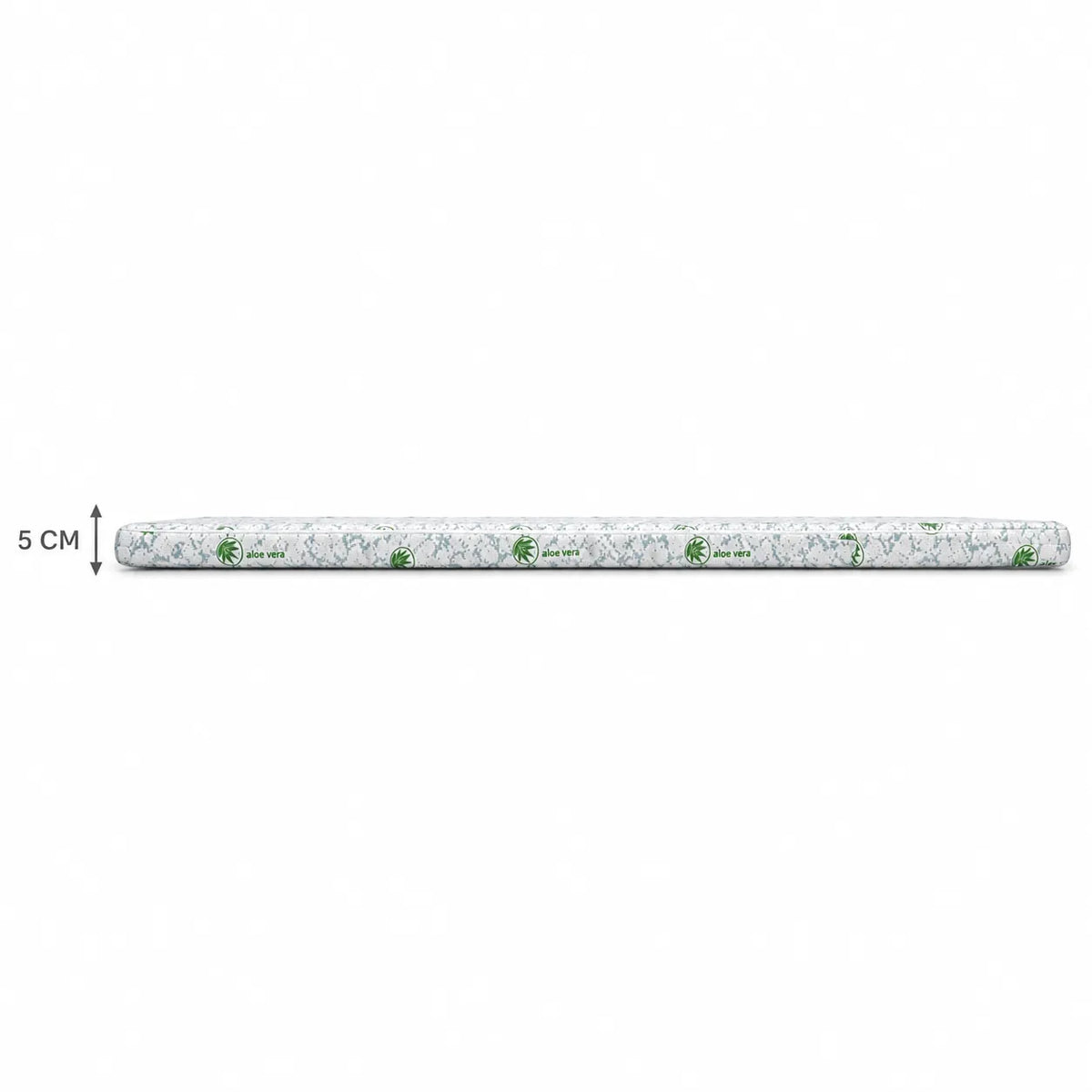 Topper saltea Aloe Vera vazut din lateral, grosime marcata 5 cm, husa cu imprimeu frunze verzi