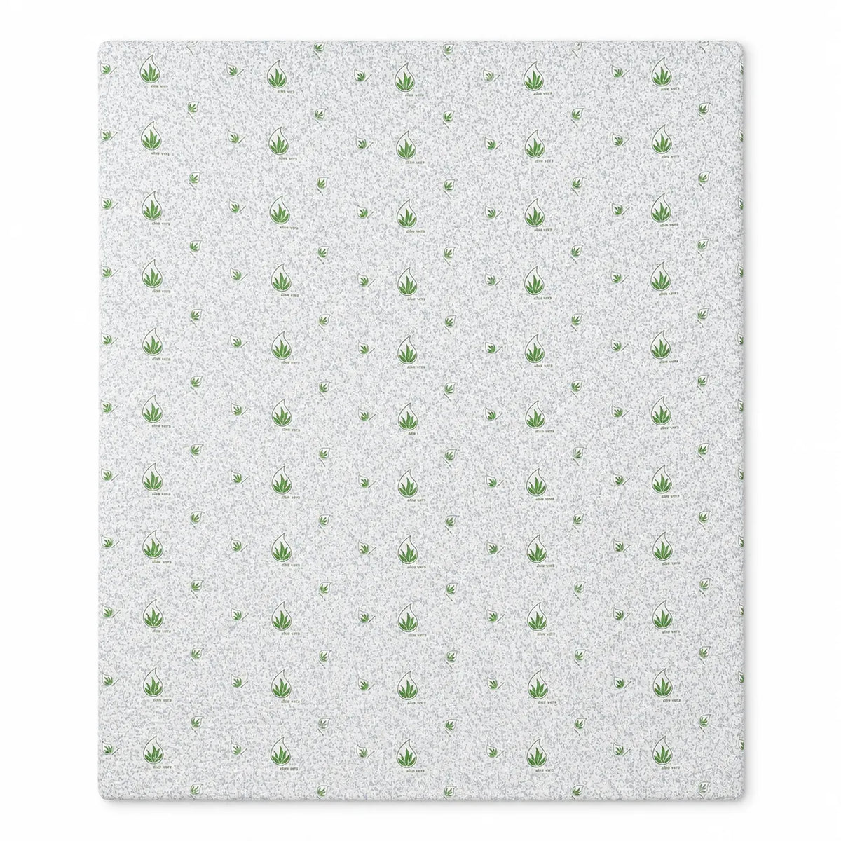 Topper saltea memory foam cu husa Aloe Vera, vedere de sus, imprimeu frunze verzi pe fundal alb-gri melanj